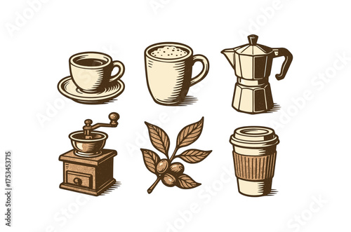 Vintage coffee set: cups, grinder, coffee pot, beans illustration.Colorful icons set illustrated