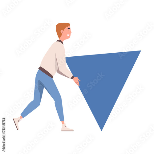 Man Character Pushing Figure and Big Shape Vector Illustration