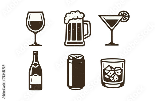 Assorted beverage icons featuring wine, beer, cocktail, bottle, can, and whiskey glass.Colorful icons set illustrated