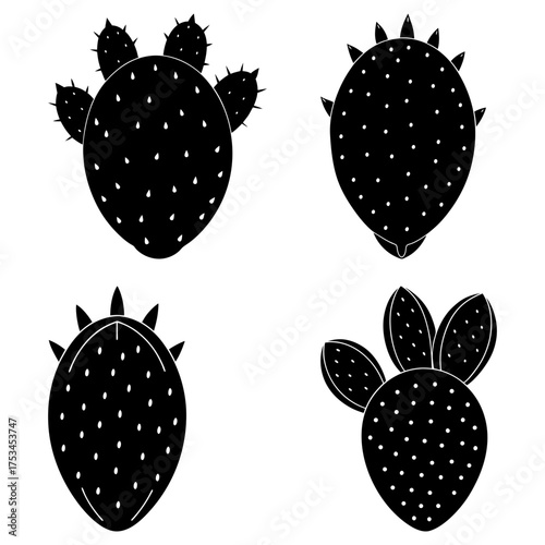 Illustration of four prickly pear cactus pads in black and white with small white spots on each pad