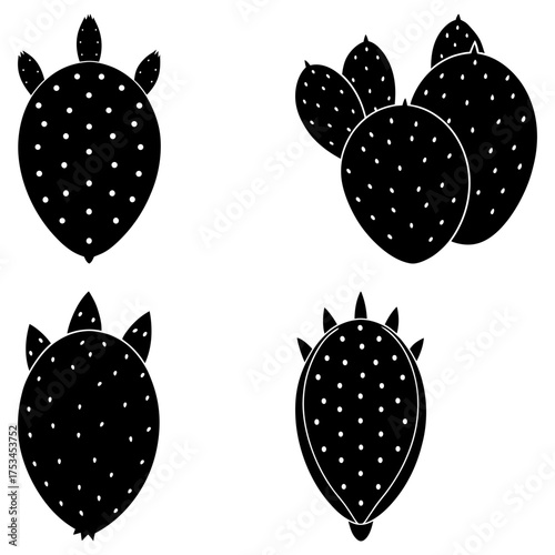 Four stylized black and white prickly pear cactus pads with white dots arranged symmetrically on white background