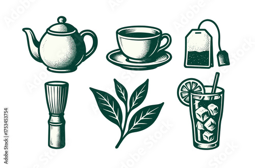 Vintage tea set and drinks: teapot, cup, tea bag, leaves, iced beverage with citrus.Colorful icons set illustrated