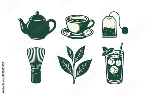 Vintage tea set with teapot, cup, tea bag, whisk, leaves, and iced tea glass.Colorful icons set illustrated
