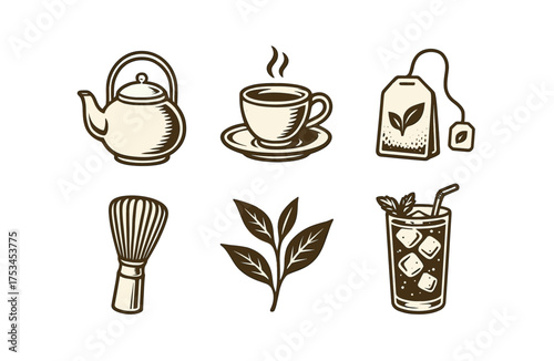 Charming tea elements: teapot, cup, tea bag, whisk, leaves, iced tea.Colorful icons set illustrated