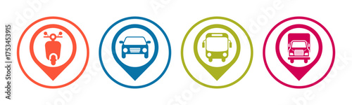 Transportation and Pin icon set illustration vector. Motorcycle, Car, Bus, Truck, with location sign and symbol.