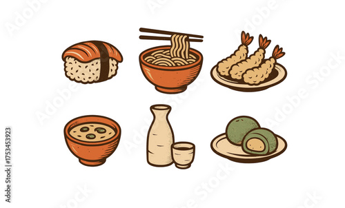 Traditional japanese cuisine icons: sushi, ramen, tempura, miso, sake, mochi.Colorful icons set illustrated