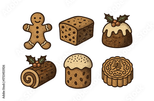 Assorted festive baked goods: gingerbread, fruitcake, yule log, pudding, mooncake, panettone.Colorful icons set illustrated