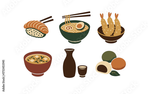 Japanese cuisine icons: sushi, ramen, tempura, miso soup, sake, mochi desserts.Colorful icons set illustrated