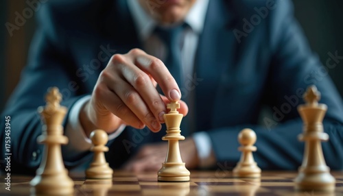 Wallpaper Mural Business leader in suit makes decisive move on chessboard. Man plans strategy with chess pieces, showing foresight and smart decision-making for success. Game of intellect and competition. Torontodigital.ca