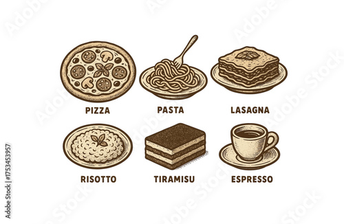 Italian cuisine illustration with pizza, pasta, lasagna, risotto, tiramisu, and espresso.Colorful icons set illustrated