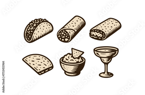 Mexican cuisine icons: taco, burrito, enchilada, quesadilla, salsa, and margarita illustrations.Colorful icons set illustrated