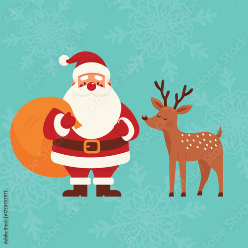 Santa and reindeer Christmas greeting card flat vector illustration.
