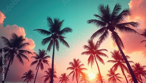 Silhouettes of palm trees against a vibrant sunset sky with pink clouds. Tropical beach landscape evokes warm weather vacation vibes. Ocean breeze rustles leaves.