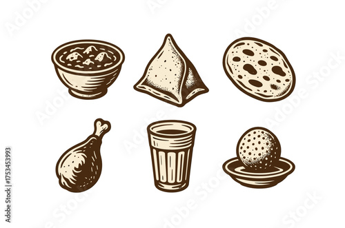 Hand-drawn indian cuisine elements: samosa, lassi, chicken leg, roti, lentils, dessert.Colorful icons set illustrated