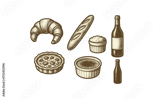 Vintage french bakery and wine: croissant, baguette, tart, bottles.Colorful icons set illustrated