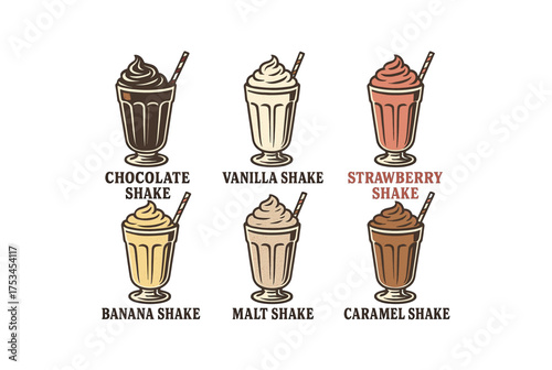 Assorted milkshake flavors: chocolate, vanilla, strawberry, banana, malt, caramel.Colorful icons set illustrated