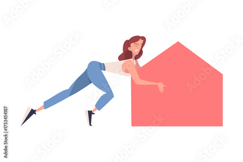 Woman Character Pushing Figure and Big Shape Vector Illustration