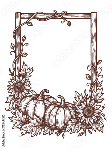 Pumpkin floral frame sketch autumn vertical vector illustration