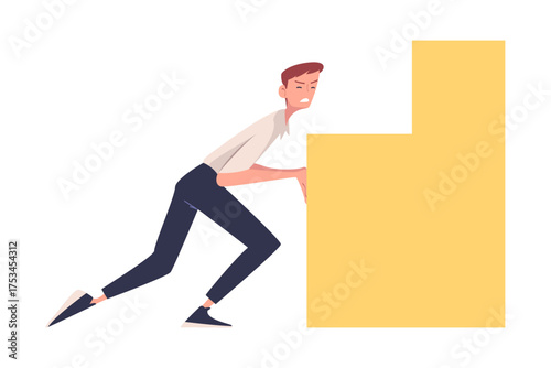Man Character Pushing Figure and Big Shape Vector Illustration