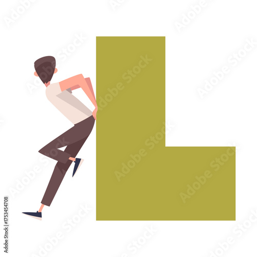 Man Character Pushing Figure and Big Shape Vector Illustration