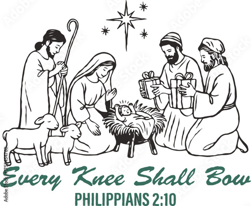 Nativity Scene with Mary, Joseph, Wise Men, and Baby Jesus Under Star of Bethlehem with Bible Quote Philippians 2:10 – Christian Christmas Illustration for Faith-Based Products