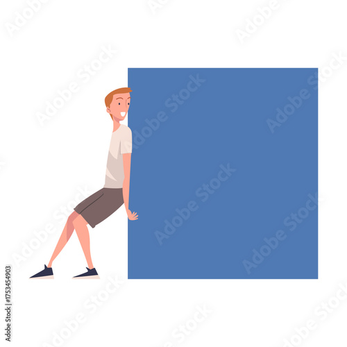 Man Character Pushing Figure and Big Shape Vector Illustration