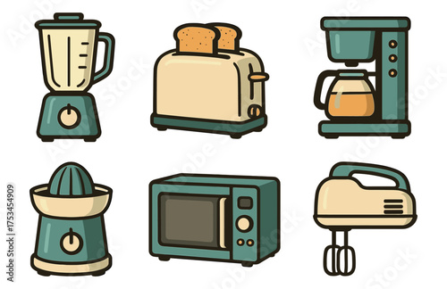 Retro kitchen appliances vector art: blender, toaster, coffee maker, juicer, microwave, mixer.Colorful icons set illustrated