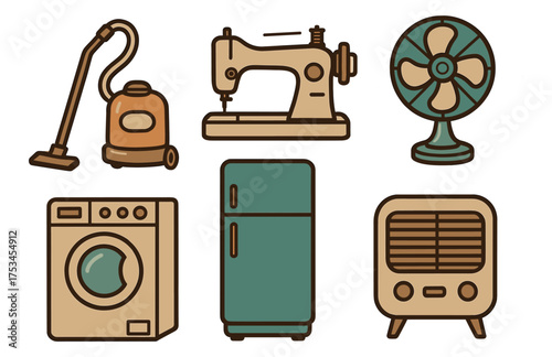 Retro household appliances illustration featuring vacuum, sewing machine, fan, washing machine, fridge, and radio.Colorful icons set illustrated