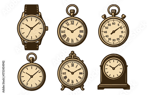 Vintage clock collection: pocket watches, stopwatches, and antique timepieces.Colorful icons set illustrated