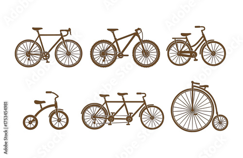 Variety of bicycle types: road, mountain, tandem, vintage, and children's designs.Colorful icons set illustrated