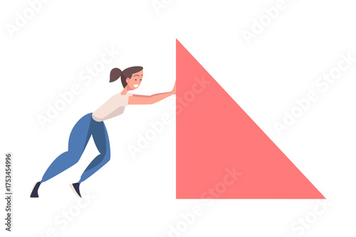 Woman Character Pushing Figure and Big Shape Vector Illustration