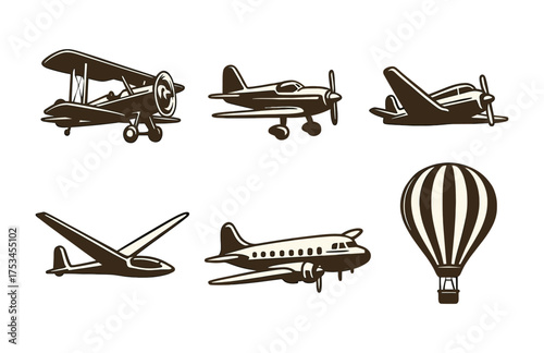 Vintage aircraft collection: biplane, monoplane, glider, hot air balloon.Colorful icons set illustrated