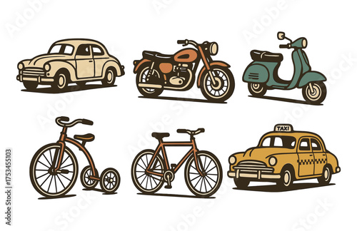 Vintage vehicles: classic car, motorcycle, scooter, bicycle, tricycle, and taxi collection.Colorful icons set illustrated