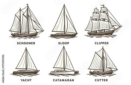 Collection of nautical vessel illustrations: schooner, sloop, clipper, yacht, catamaran, cutter.Colorful icons set illustrated