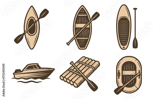 Collection of various boats and watercraft with paddles and oars.Colorful icons set illustrated