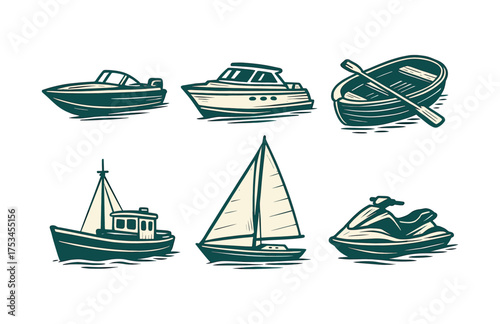 Vintage boat illustrations: sailboat, yacht, rowboat, jet ski, tugboat.Colorful icons set illustrated