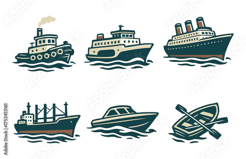 Collection of nautical vessel illustrations: tugboat, ferry, ocean liner, cargo ship, speedboat, rowboat.Colorful icons set illustrated