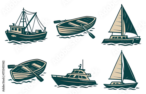 Collection of nautical vessels: fishing boats, sailboats, and rowboats.Colorful icons set illustrated
