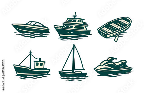 Collection of various boats and watercraft in nautical design.Colorful icons set illustrated