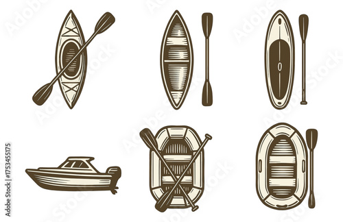 Set of nautical vessels and paddles: kayak, canoe, rowboat, motorboat, and paddleboard illustrations.Colorful icons set illustrated