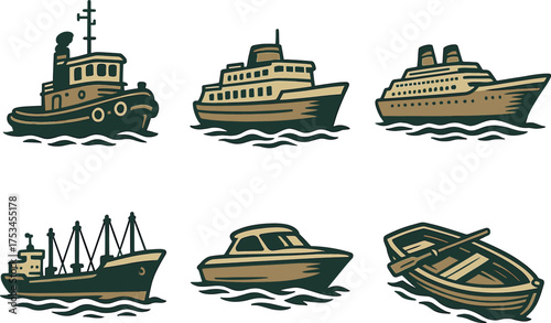 Vintage nautical vessel collection: tugboat, ferry, cruise ship, fishing boat, speedboat, rowboat.Colorful icons set illustrated
