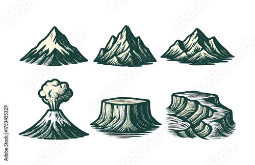 Illustrated mountain and volcano collection: peaks, eruptions, canyons, stumps and gorges in monochrome.Colorful icons set illustrated