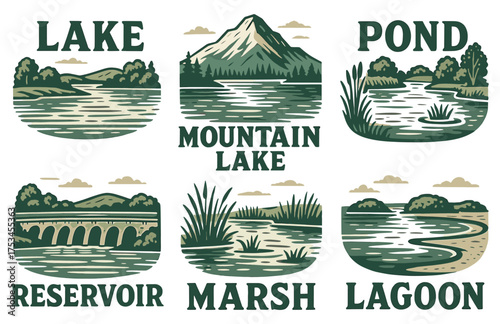 Scenic landscapes of water bodies with mountain, lake, pond, reservoir, marsh, and lagoon illustrations.Colorful icons set illustrated