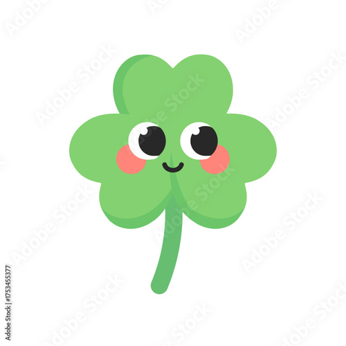 Cute smiling lucky clover. Four-leaf clover. Natural, plant, St Patrick's Day concepts. Flat decorative cartoon vector design isolated illustration.	