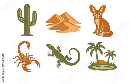 Desert wildlife and scenery: cactus, sand dunes, fennec fox, scorpion, lizard, oasis.Colorful icons set illustrated