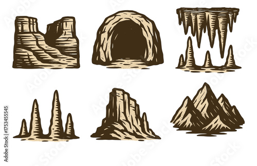 Illustrated caves and rock formations with stalagmites and stalactites.Colorful icons set illustrated