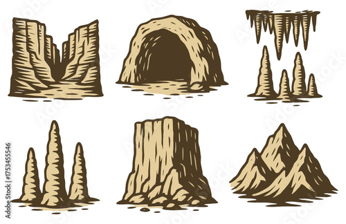 Collection of various cave formations and rock structures in brown tones.Colorful icons set illustrated