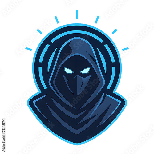 Mysterious hooded figure with glowing blue eyes and neon halo