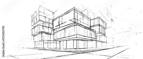 Vector architectural sketch of a house. linear sketch modern building on light gray background