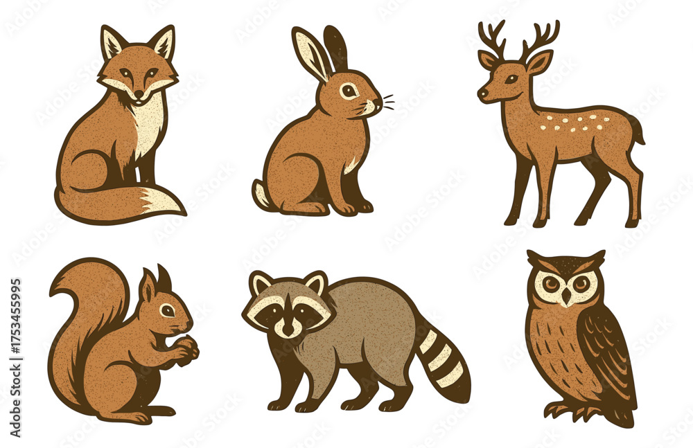 Naklejka premium Woodland animals illustration: fox, rabbit, deer, squirrel, raccoon, owl.Colorful icons set illustrated